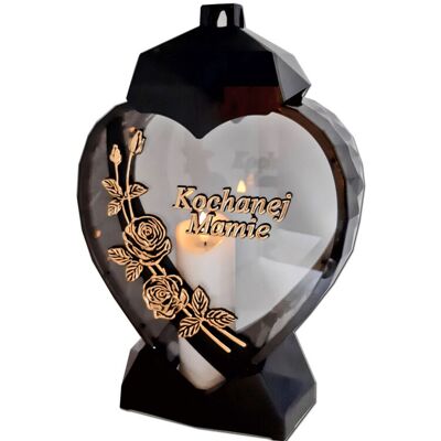 ILUMINI Mama Mamie Znicz Lampion Serce D Róża Czarny Złoto Litery+Świeca Led Biała ILUMINI Mama Mamie Znicz Lampion Serce D Róża Czarny Złoto Litery+Świeca Led Biała