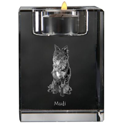 Owczarek węgierski Mudi - świecznik ze zdjęciem psa, kryształowa podstawka na tealight, personalizowany prezent marki Art-Dog Owczarek węgierski Mudi - świecznik ze zdjęciem psa, kryształowa podstawka na tealight, personalizowany prezent marki Art-Dog