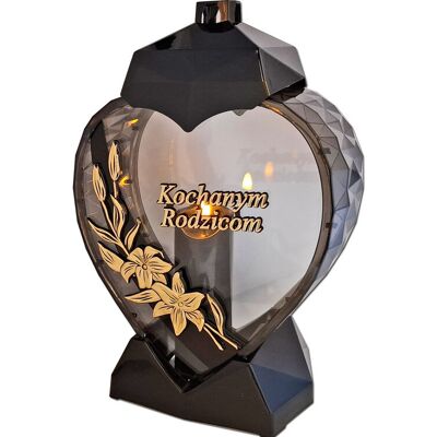 ILUMINI Rodzice Rodzicom Znicz Lampion Serce D Kalia Czarny Złoto Litery+Świeca Led Czarna ILUMINI Rodzice Rodzicom Znicz Lampion Serce D Kalia Czarny Złoto Litery+Świeca Led Czarna