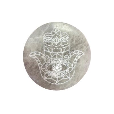 ANCIENT WISDOM Średnia Okrągła Płytka Selenitowa 10 cm - Hamsa ANCIENT WISDOM Średnia Okrągła Płytka Selenitowa 10 cm - Hamsa