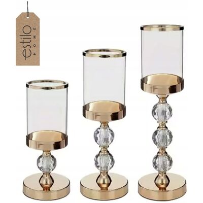 EstiloHome Świecznik Szklany Kielich Złoty Glamour Lampion Kryształki - Zestaw 3 Szt EstiloHome Świecznik Szklany Kielich Złoty Glamour Lampion Kryształki - Zestaw 3 Szt