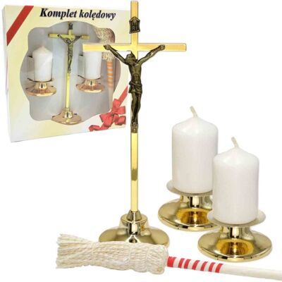 Inny producent Zestaw Kolędowy z kropidłem Tradycyjny Komplet na Kolędę złoty 16 cm Krzyż i Świeczniki Inny producent Zestaw Kolędowy z kropidłem Tradycyjny Komplet na Kolędę złoty 16 cm Krzyż i Świeczniki