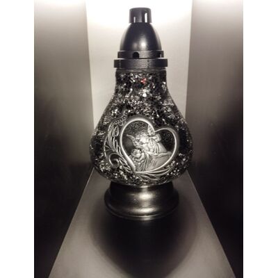 ILUMINI Znicz Lampion Premium Karafa Witraż Czarno-Srebrne Serce Z Aniołkiem Nowość ILUMINI Znicz Lampion Premium Karafa Witraż Czarno-Srebrne Serce Z Aniołkiem Nowość