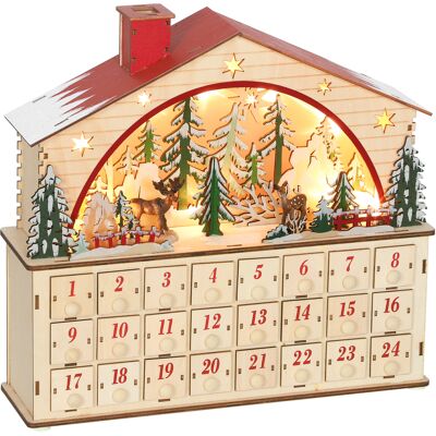 Choyclit Drewniany Kalendarz Adwentowy 36x10x34 Cm, 24 Szuflady, Oświetlenie Led, Naturalne Drewno, Prezentowa Dekoracja Świąteczna Choyclit Drewniany Kalendarz Adwentowy 36x10x34 Cm, 24 Szuflady, Oświetlenie Led, Naturalne Drewno, Prezentowa Dekoracja Świąteczna