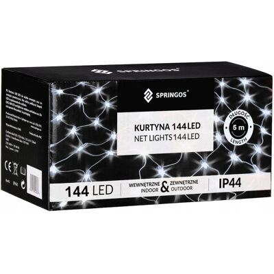 Springos Siatka 144led Lampki Choinkowe Kurtyna Świetlna Duża 5x2m Girlanda Białe Springos Siatka 144led Lampki Choinkowe Kurtyna Świetlna Duża 5x2m Girlanda Białe