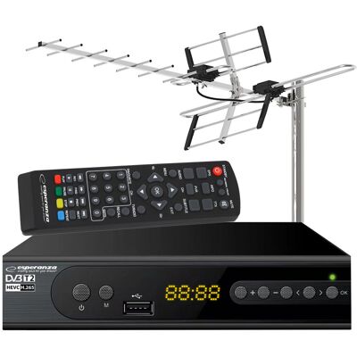 Tuner cyfrowy Esperanza EV106 DVB-T/T2 H.265/HEVC + antena kierunkowa VHF/UHF MUX8 ATD31S Tuner cyfrowy Esperanza EV106 DVB-T/T2 H.265/HEVC + antena kierunkowa VHF/UHF MUX8 ATD31S