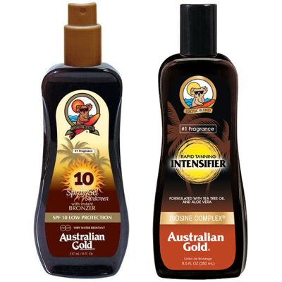 Australian Gold SPF 10 Spray Gel Bronzer and Rapid Tanning Intensifier Lotion, Zestaw do opalania: spray do opalania z bronzerem 237ml + mleczko prz.. Australian Gold SPF 10 Spray Gel Bronzer and Rapid Tanning Intensifier Lotion, Zestaw do opalania: spray do opalania z bronzerem 237ml + mleczko prz..