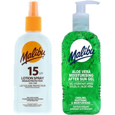 Malibu SPF15 Wodoodporny Spray 200ml + Aloe Żel Po Opalaniu 200ml Malibu SPF15 Wodoodporny Spray 200ml + Aloe Żel Po Opalaniu 200ml