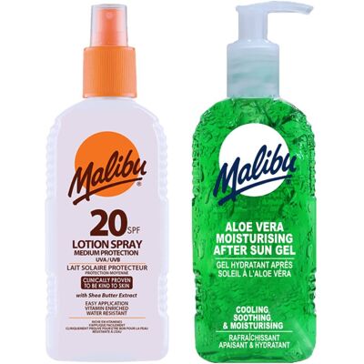 Malibu SPF20 Wodoodporny Spray 200ml + Aloe Żel Po Opalaniu 200ml Malibu SPF20 Wodoodporny Spray 200ml + Aloe Żel Po Opalaniu 200ml