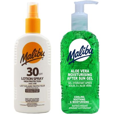 Malibu SPF30 Wodoodporny Spray 200ml + Żel Aloesowy po Opalaniu 200ml - Zestaw Ochrony Przeciwsłonecznej Malibu SPF30 Wodoodporny Spray 200ml + Żel Aloesowy po Opalaniu 200ml - Zestaw Ochrony Przeciwsłonecznej