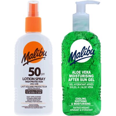 Malibu SPF50 Wodoodporny Spray 200ml + Aloe Żel Po Opalaniu 200ml Malibu SPF50 Wodoodporny Spray 200ml + Aloe Żel Po Opalaniu 200ml