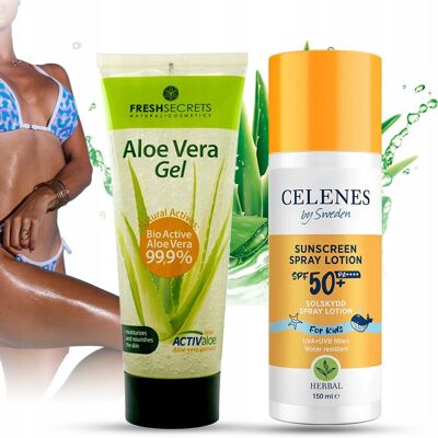 Zestaw do opalania DLA DZIECI Spray przeciwsłoneczny SPF 50 + żel aloesowy Zestaw do opalania DLA DZIECI Spray przeciwsłoneczny SPF 50 + żel aloesowy