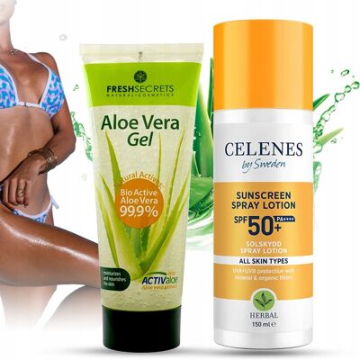 Zestaw do opalania Lotion do opalania SPF 50+ Celenes + kojący aloes 99,9% Zestaw do opalania Lotion do opalania SPF 50+ Celenes + kojący aloes 99,9%