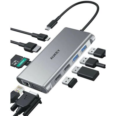 Aukey CB-C89 aluminiowy Hub USB-C 10w1 RJ45 Ethernet 10/100/1000Mbps 4xUSB HDMI 4k@30Hz SD i microSD USB-C Power Delivery 100W Aukey CB-C89 aluminiowy Hub USB-C 10w1 RJ45 Ethernet 10/100/1000Mbps 4xUSB HDMI 4k@30Hz SD i microSD USB-C Power Delivery 100W