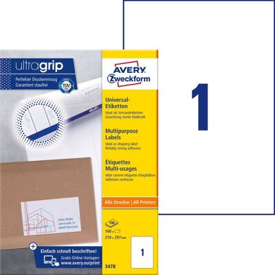 Avery Zweckform, etykiety uniwersalne trwałe A4 (+), 210 x 297 mm, 100 etykiet Avery Zweckform, etykiety uniwersalne trwałe A4 (+), 210 x 297 mm, 100 etykiet