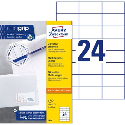 Avery Zweckform, etykiety uniwersalne trwałe A4 (+), 70 x 37 mm, 2400 etykiet Avery Zweckform, etykiety uniwersalne trwałe A4 (+), 70 x 37 mm, 2400 etykiet