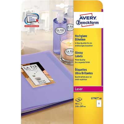 Etykiety błyszczące Avery Zweckform 210x297 mm L7767-40 białe Etykiety błyszczące Avery Zweckform 210x297 mm L7767-40 białe