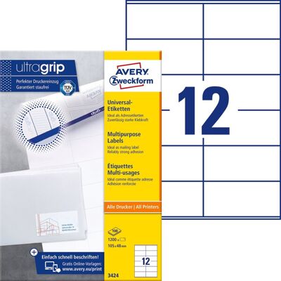 Etykiety Uniwersalne Avery Zweckform Trwałe 105 X 48 Mm. 12 Etykiet/A4 (+) Etykiety Uniwersalne Avery Zweckform Trwałe 105 X 48 Mm. 12 Etykiet/A4 (+)