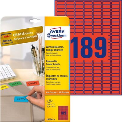 Avery L6036-20 Czerwone etykiety samoprzylepne - etykieta Avery L6036-20 Czerwone etykiety samoprzylepne - etykieta