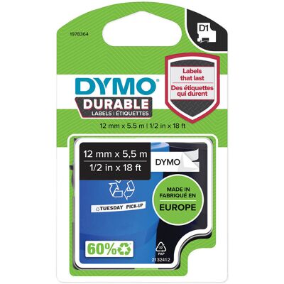 Taśma Dymo D1 Durable 1978364 12mm X 5.5m Biała/czarny Nadruk Taśma Dymo D1 Durable 1978364 12mm X 5.5m Biała/czarny Nadruk
