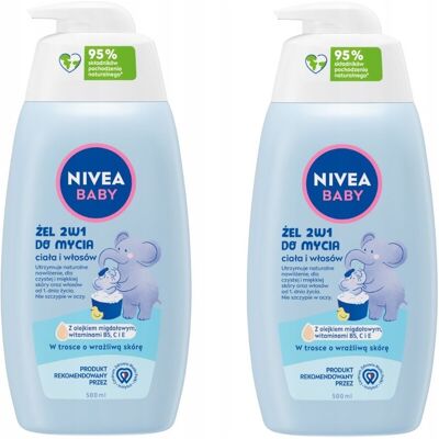 NIVEA BABY 2w1 Żel do mycia kąpieli i szampon z pompką dla dzieci 2 x 500ml NIVEA BABY 2w1 Żel do mycia kąpieli i szampon z pompką dla dzieci 2 x 500ml
