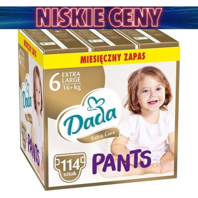 Inny producent Pieluchomajtki Dada Extra Care Pants 6 Xl, 16+ Kg, 114 Szt., Superchłonny Inny producent Pieluchomajtki Dada Extra Care Pants 6 Xl, 16+ Kg, 114 Szt., Superchłonny