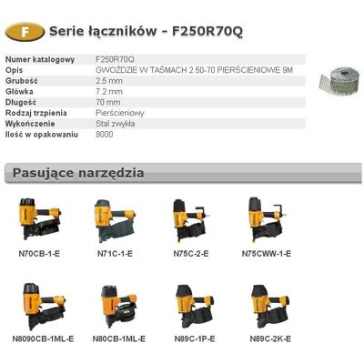 Bostitch - Gwoździe z głową płaską 2,5 x 70 mm w rolce - 9000 szt - F250R70 Bostitch - Gwoździe z głową płaską 2,5 x 70 mm w rolce - 9000 szt - F250R70