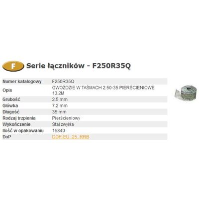 Gwoździe Bostitch F250R35Q - z pierścieniem, 35mm, 2,5mm, 15.840 sztuk Gwoździe Bostitch F250R35Q - z pierścieniem, 35mm, 2,5mm, 15.840 sztuk