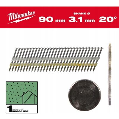 MILWAUKEE GWOŹDZIE 20° PIERŚCIENIOWE OKRĄGŁY ŁEB JASNY 90mm /1750szt. - M18 MILWAUKEE GWOŹDZIE 20° PIERŚCIENIOWE OKRĄGŁY ŁEB JASNY 90mm /1750szt. - M18