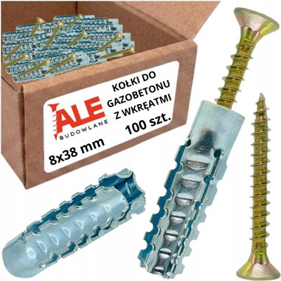 ARVEX Kołki metalowe rozporowe DO GAZOBETONU 8x38mm kotwa wbijana + WKRĘTY 100szt ARVEX Kołki metalowe rozporowe DO GAZOBETONU 8x38mm kotwa wbijana + WKRĘTY 100szt