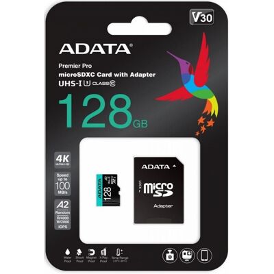 Karta pamięci ADATA Premier Pro AUSDX128GUI3V30SA2-RA1, MicroSDXC, 128 GB + adapter SD Karta pamięci ADATA Premier Pro AUSDX128GUI3V30SA2-RA1, MicroSDXC, 128 GB + adapter SD