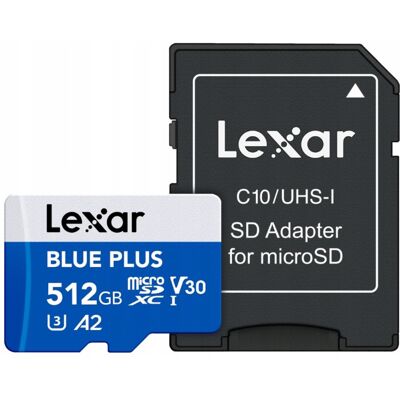 Lexar microSDHC Blue Plus UHS-I with SD adapter, up to 170MB/s read C10/A2/U3 (V30) 512GB Lexar microSDHC Blue Plus UHS-I with SD adapter, up to 170MB/s read C10/A2/U3 (V30) 512GB
