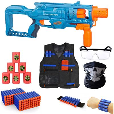 Nerf Elite 2.0 Contender F6787 + 100 Strzałek + Kamizelka + Bandana + Okulary + Opaska + Cele Nerf Elite 2.0 Contender F6787 + 100 Strzałek + Kamizelka + Bandana + Okulary + Opaska + Cele