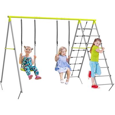 Zestaw huśtawek Outsunny do 180 kg, huśtawka dziecięca 3 w 1 z 2 huśtawkami, siatką wspinaczkową, drabinką, huśtawka ogrodowa dla dzieci w wieku 3-8.. Zestaw huśtawek Outsunny do 180 kg, huśtawka dziecięca 3 w 1 z 2 huśtawkami, siatką wspinaczkową, drabinką, huśtawka ogrodowa dla dzieci w wieku 3-8..