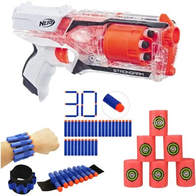Zestaw Pistolet Nerf N-Strike Elite Strongarm Przeźroczysty E5753 + 30 Strzałek + Opaska + Cele Zestaw Pistolet Nerf N-Strike Elite Strongarm Przeźroczysty E5753 + 30 Strzałek + Opaska + Cele