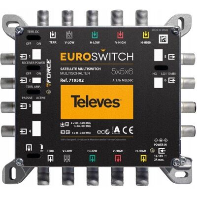MultiSwitch 5/ 6 Wyjść Televes 719502 EUROSWITCH 5 x 6 TV SAT DC 12V DVB-T2 MultiSwitch 5/ 6 Wyjść Televes 719502 EUROSWITCH 5 x 6 TV SAT DC 12V DVB-T2