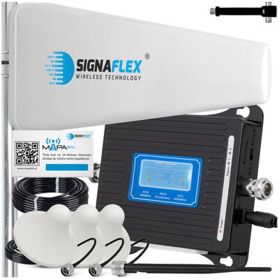 Signaflex Zestaw Wzmacniacz Sygnału Internetu Telefonu 4G LTE GSM/DCS LCD3000 + Antena T1 20dBi 10m + 3x Grzybek + Bat Signaflex Zestaw Wzmacniacz Sygnału Internetu Telefonu 4G LTE GSM/DCS LCD3000 + Antena T1 20dBi 10m + 3x Grzybek + Bat