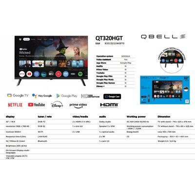 Inny producent Q.Bell 32” HD Smart TV Google TV DVBT2 + DVBS2 HDMI ARC Wi-Fi + Bluetooth! Inny producent Q.Bell 32” HD Smart TV Google TV DVBT2 + DVBS2 HDMI ARC Wi-Fi + Bluetooth!