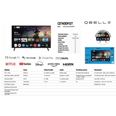 Inny producent Q.Bell 40” Full Hd Smart Googletv Dvbt2+ Dvbs2 Hdmi Arc Wi-Fi + Bluetooth! Inny producent Q.Bell 40” Full Hd Smart Googletv Dvbt2+ Dvbs2 Hdmi Arc Wi-Fi + Bluetooth!