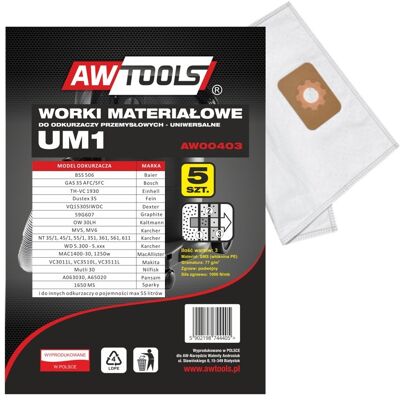 Worki do odkurzacza Awtools - UM1, GAS35 - Microfibra, 3-warstwowe - Zestaw 5 Worki do odkurzacza Awtools - UM1, GAS35 - Microfibra, 3-warstwowe - Zestaw 5