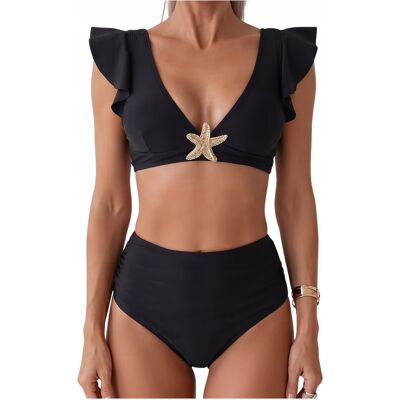 SNM Strój Kąpielowy Dwuczęściowy Kostium Damski Czarny Bikini Wysoki Stan L 40 Z Falbanką Rozgwiazdą SNM Strój Kąpielowy Dwuczęściowy Kostium Damski Czarny Bikini Wysoki Stan L 40 Z Falbanką Rozgwiazdą