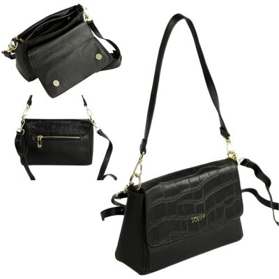 Skórzana Torebka Damska Solier Fl61 Livienne Crossbody Z Klapą I Dwoma Paskami Czarna Skórzana Torebka Damska Solier Fl61 Livienne Crossbody Z Klapą I Dwoma Paskami Czarna