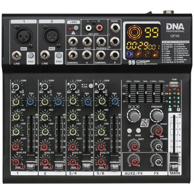 DNA QFX6 analogowy mikser dźwięku 6 kanałów Bluetooth USB MP3 Phantom +48V DSP DNA QFX6 analogowy mikser dźwięku 6 kanałów Bluetooth USB MP3 Phantom +48V DSP