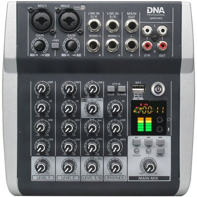 DNA QMX602 analogowy mikser dźwięku 6 kanałów Bluetooth USB MP3 Phantom +48V akumulator 2500 mAh DNA QMX602 analogowy mikser dźwięku 6 kanałów Bluetooth USB MP3 Phantom +48V akumulator 2500 mAh