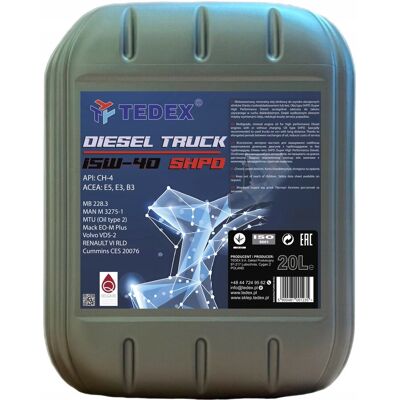 Inny producent Olej silnikowy Tedex Diesel Truck SHPD CH-4 15W-40 ciężarówki ciągniki 20L Inny producent Olej silnikowy Tedex Diesel Truck SHPD CH-4 15W-40 ciężarówki ciągniki 20L