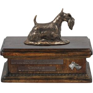 Terier szkocki, Aberdeen Terrier - skrzynia na psie pamiątki, personalizowana skrzynia ze statuetką, drewniana skrzynia z psem marki Art-Dog Terier szkocki, Aberdeen Terrier - skrzynia na psie pamiątki, personalizowana skrzynia ze statuetką, drewniana skrzynia z psem marki Art-Dog