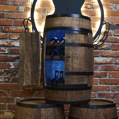 Creative Drewniany barek z beczki z drzwiczkami, leżakami na wino i podświetleniem LED RGB - kolor wenge Creative Drewniany barek z beczki z drzwiczkami, leżakami na wino i podświetleniem LED RGB - kolor wenge