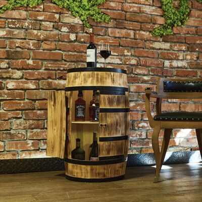 Creative Drewniany barek z beczki z drzwiczkami, leżakami na wino i podświetleniem LED RGB, opalane drewno Creative Drewniany barek z beczki z drzwiczkami, leżakami na wino i podświetleniem LED RGB, opalane drewno