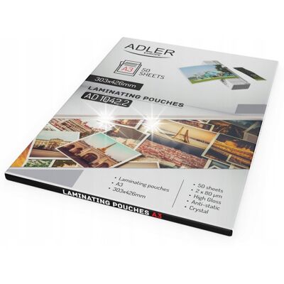 Adler FOLIA LAMINACYJNA do Laminowania A3 80mic 50 sztuk 303x426mm Antystatyczne Adler FOLIA LAMINACYJNA do Laminowania A3 80mic 50 sztuk 303x426mm Antystatyczne