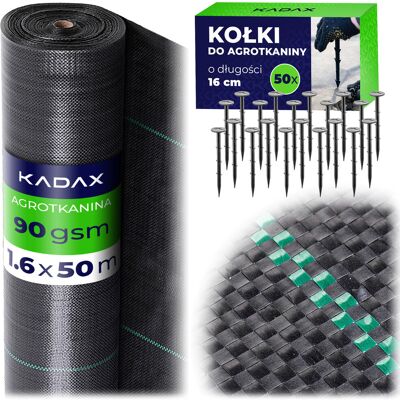 KADAX Agrotkanina ogrodowa 1.6 x 50m 90 g/m² czarna + kołki 50 szt. KADAX Agrotkanina ogrodowa 1.6 x 50m 90 g/m² czarna + kołki 50 szt.